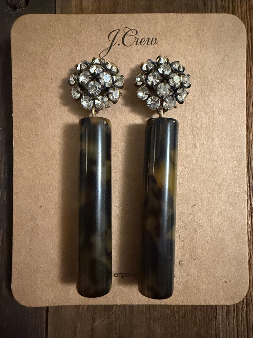 Brand New - J. Crew Tortoise Resin Bar Earrings with Crystal Cluster Studs